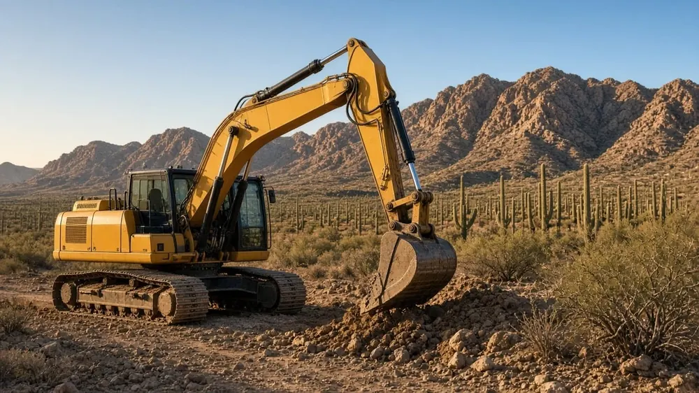 Yellow excavator on a desert job site near Tucson