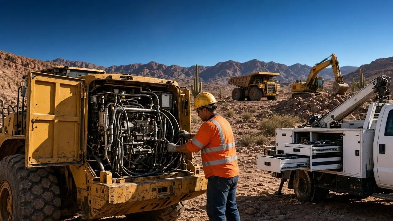 Sunshine Equipment Group technician working on a machine engine next to the service truck