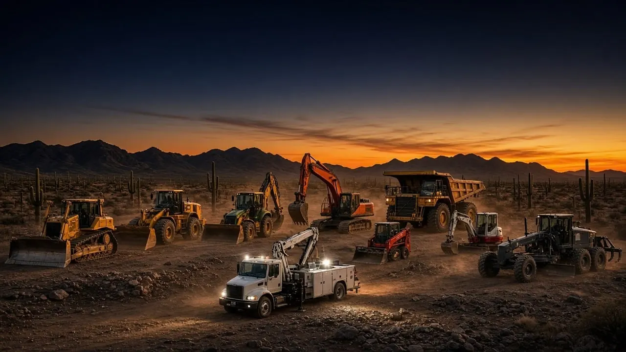 Sunshine Equipment Group service truck among dozers, loaders and haul trucks at sunset in the Arizona desert
