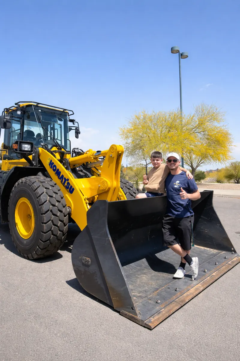 Ryan of Sunshine Equipment Group standing in the bucket of a Komatsu wheel loader